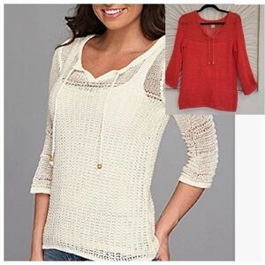 Lucky Brand Millbrae Open Loose Knit Crochet Burnt Orange Sweater Size Medium